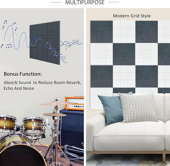 BXI Felt Bulletin Board - 12 X 12 X 3/8 Inches 6 Pcs Self-Adhesive Poster Cork Board with 30 Push Pins, Thick Pin Tiles Display Vision Board, Photo Picture Panels for Home Office Classroom Walls