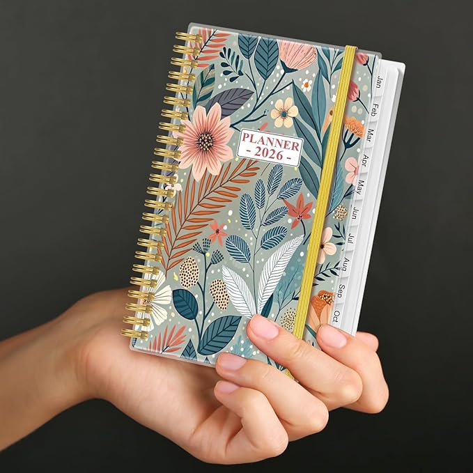 2026 Pocket Planner/Calendar - 2026 Planner from January 2026 - December 2026, Planner 2026 with 12 Tabs, Twin-Wire Binding, Inner Pocket, 3.75" x 6.75", Flower-A