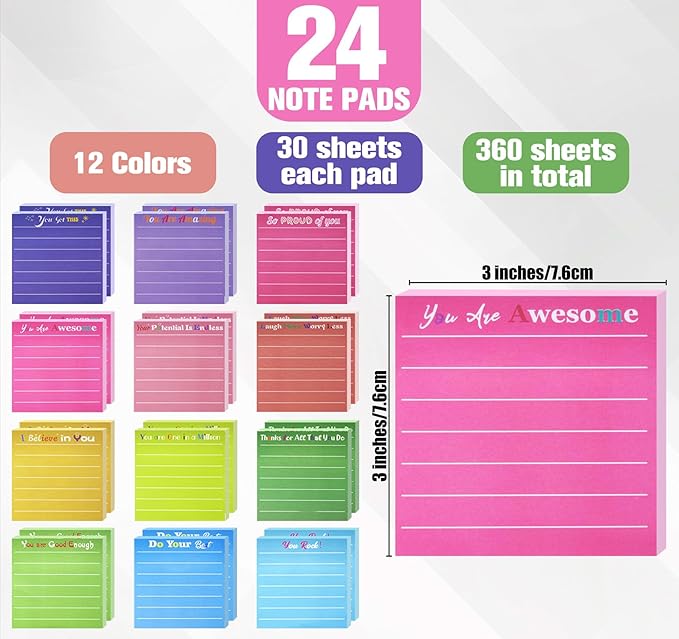 24 Pcs Inspirational Sticky Notes 3x3'' Motivational Sticky Notes Pad with Lines Cute Employee Appreciation Sticky Notes Thank You Gift Bulk for Teacher Coworkers Office Supplies Students (12 Color)
