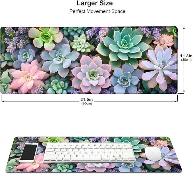 Cute Succulent Plants Large Mouse Pad, Desk Mat Computer Keyboard Pad Non-Slip Rubber Base Waterproof with Stitched Edges for Laptop Gaming, Office & Home 31.5 x 11.8 Inch (XL-17)