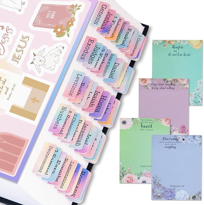 Bible Tabs with Unique Stickers, Laminated Bible Tabs for Women & Men, Christian Gifts, Large Print Bible Tabs for Easy Navigation, Bible Book Index Tabs Labels, Bible Study Supplies, Rainbow BLT1