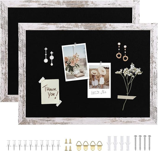 Black Felt Bulletin Board, 17x13 inches Decorative Hanging Bulletin Boards for Walls with Wood Frame, Pin Board Vision Board for Office Home Kitchen and School with Pins (4333,WH,2pc)