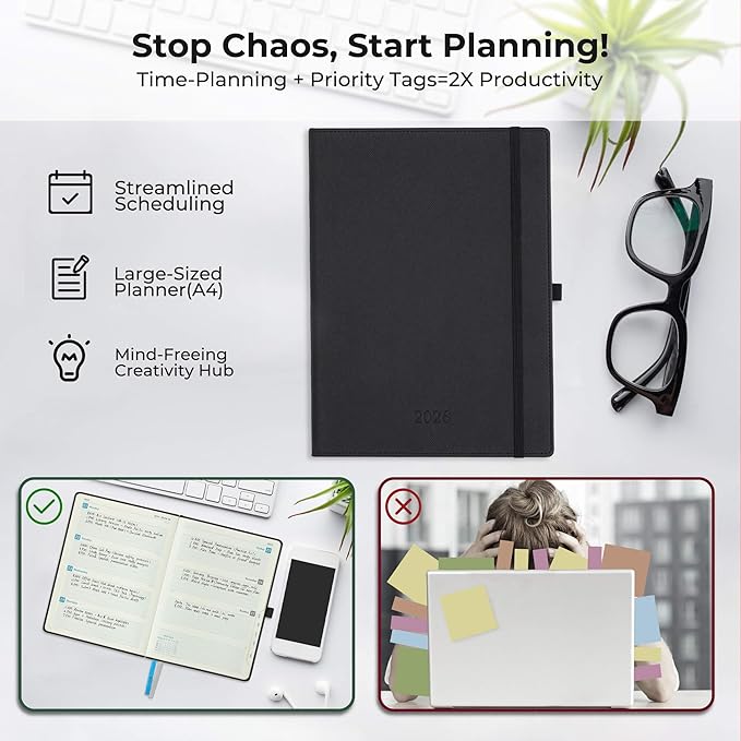 IN-LUXPRO Weekly Monthly 2026 Planner (Jan.26-Dec.26),11.5"x8.5",12 Months Agenda Plan with Month Tabs & Pocket,Expenses/Note Pages, Appointment Book Calendar with Hardcover Vegan Leather Cover,Black