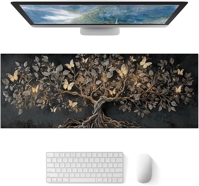 Large Mouse Pad Gaming Mousepad 31.5 x 11.8 Inch Keyboard Desktop Mat Diatomite XL Mouse Pad for Home and Office Desk Accessories with Golden Tree Butterfly Glow Artwork Diatomite