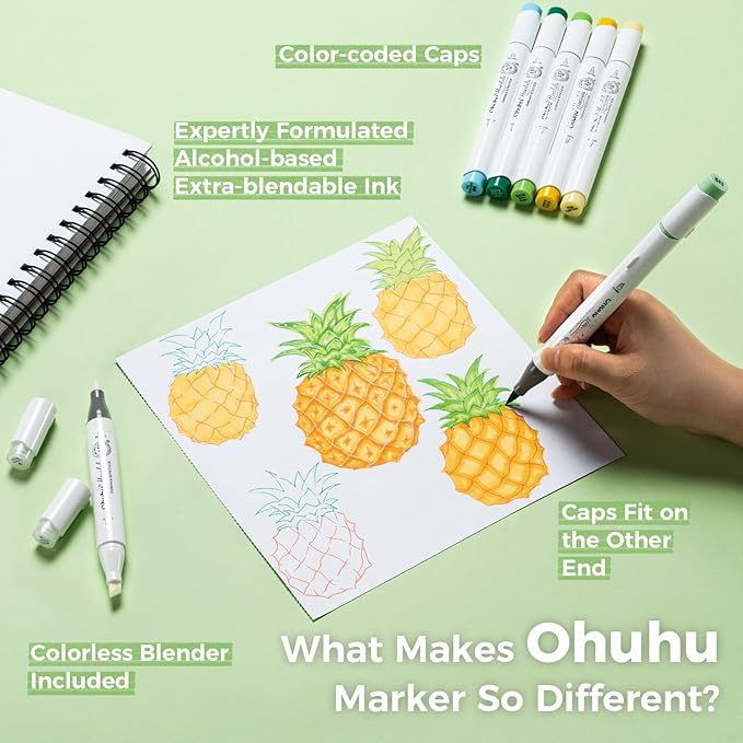 Ohuhu Alcohol Markers Brush Tip - AP Certificated Double Tipped Art Marker Set for Artist Adults Coloring Illustration- 72 Colors - Refillable - Chisel and Brush Dual Tips - Honolulu of Ohuhu Markers