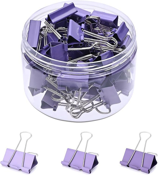 Temiary Aesthetic Binder Clips, 48 Pcs 0.98 Inches Small Metal Binder Clip with Clear Storage Container, Binding Paperwork Clamps for School Teachers Office Supplies (Purple)
