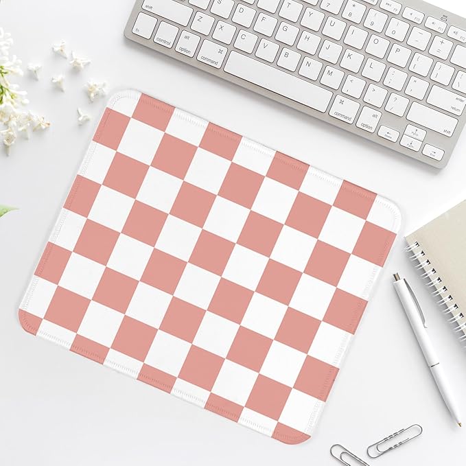 Pink and White Checkered Square Mouse Pad,Non-Slip Rubber Base Mouse Pad,Home Office Decoration Desktop Accessory,Laptop Mouse Pad for Office Laptops,9.4x7.8x0.12inch.