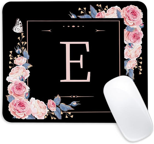 Letter E Black and Pink Flowers Square Mouse Pad, Mouse Pad with Stitched Edge and Non-Slip Rubber Base,Mouse Mat,Home Office Decor Desk Accessories,9.4x7.8x0.12 inch Square Mouse Pad