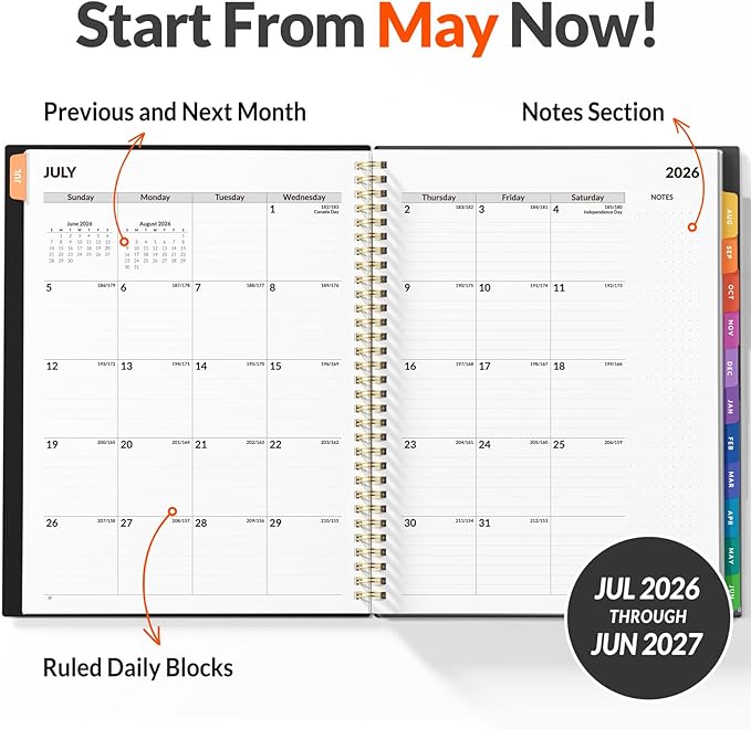 SUNEE 2026-2027 Appointment Book, Quarter-Hourly, Weekly & Monthly - from July 2026 to June 2027, 8.5"x11" Academic Planner, Flexible Cover, Note Pages, Bookmark, Spiral Binding, Black