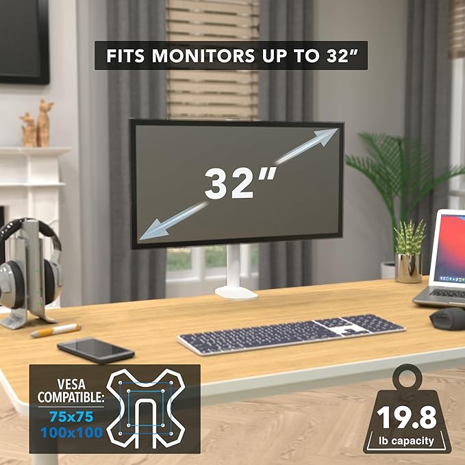 Mount-It! White Single Monitor Stand – Adjustable Desk Arm for Computer Screens – VESA Compatible Holder Up to 32" 19.8 lbs – 360° Rotation, 160° Swivel, 40° Tilt – Space-Saving Clamp & Grommet Base