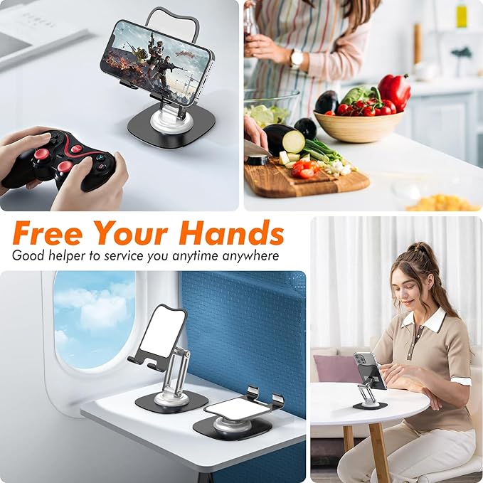 Cell Phone Stand, Fully Adjustable Foldable Desktop Phone Holder, 360 Degree Rotating Desktop Phone Stand for Recording Compatible with iPhone 16 15 14 13 12 Pro Xs Max Xr, White
