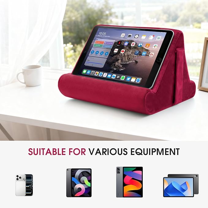 Multi-Angle Tablet Stand with Soft Pad and Net Pocket - Universal Phone and Pad Holder for Lap, Knee, Sofa and Bed (Wine Red)