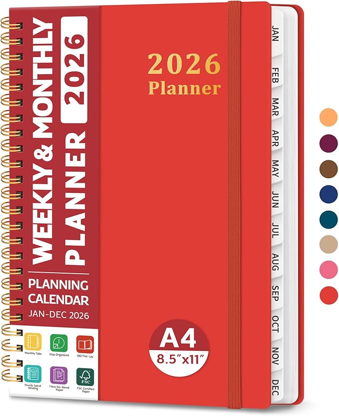 2026 Planner, Weekly and Monthly Calendar Planner, January 2026 - December 2026, Hardcover 2026 Calendar Book with Tabs For Women & Men, Inner Pocket, Spiral Bound, Perfect for Office Home School Supplies - A4 (8.5" x 11"), Tomato Red