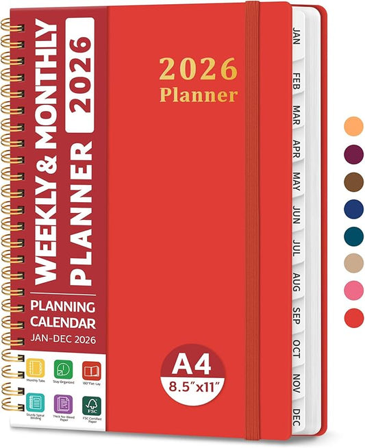 2026 Planner, Weekly and Monthly Calendar Planner, January 2026 - December 2026, Hardcover 2026 Calendar Book with Tabs For Women & Men, Inner Pocket, Spiral Bound, Perfect for Office Home School Supplies - A4 (8.5" x 11"), Tomato Red