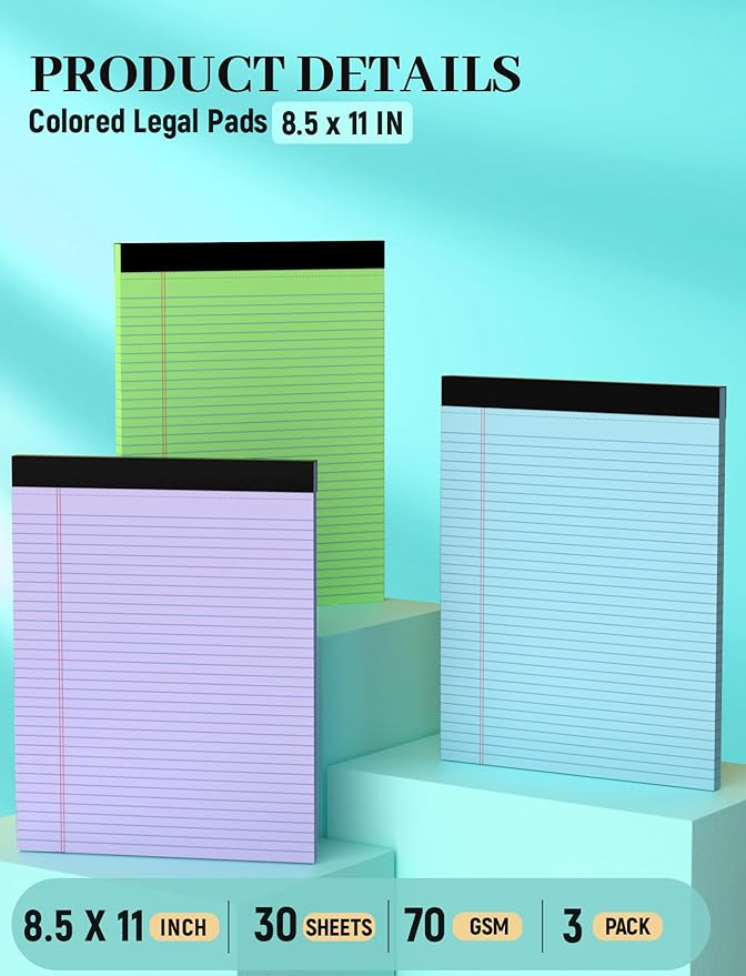 Colored Legal Pads, 3 Pack Writing Pads 8.5 x 11, Note Pads 8.5 x 11 College Ruled, Easy Tear-Off, Note Pads Lined Paper Pads 8-1/2 x 11 Notebook Paper for Office Supplies, 30 Sheets/Pad