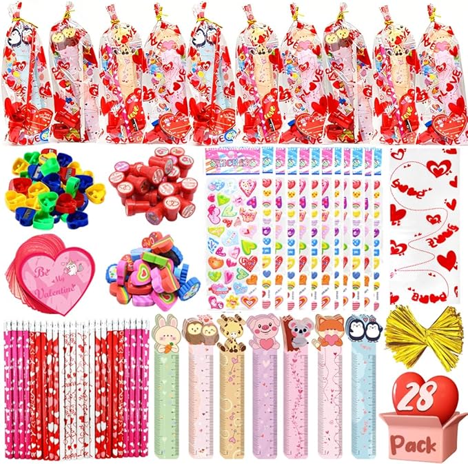 UMEELR 28 Pack Valentines Day Cards Stationery Set, Valentines Day Gifts with Pencil Cards Stamper Eraser Ruler Sharpener Gift Bag for Kids Valentine's Classroom Prize Valentine Gifts Exchange