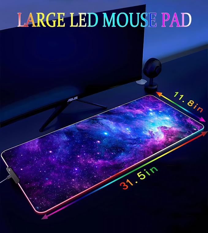 RGB Gaming Mouse Pad, Large Mousepad with Led Light, Gaming Accessories Keyboard Pad for Desk, Non-Slip Rubber Base Big Mouse Mat for Gamer, 31.5 X 11.8 Inch, Purple Galaxy