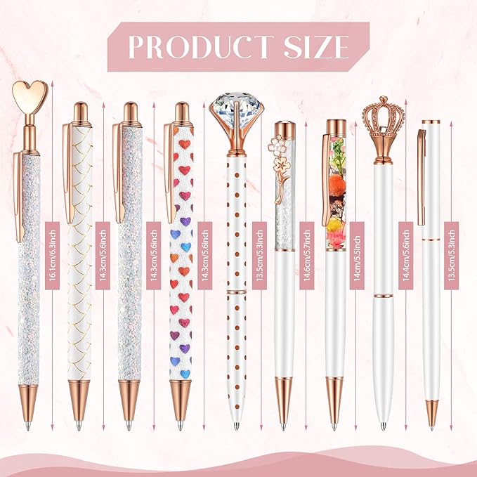 Janmini 9 Pcs Ballpoint Pens Set Metal Crystal Diamond Glitter Pens for Journaling Black Ink Pretty Cute Things Fancy Stationery Gifts for Women Girls Birthday Home Office Desk(White)