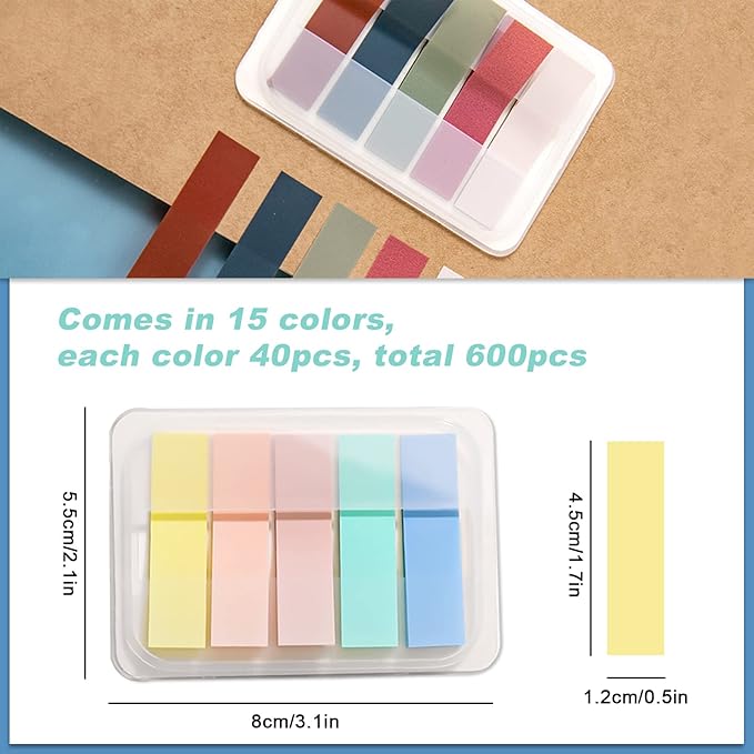 15 Colors Sticky Notes Tabs Pastel, File Tabs Flags Colored Page Markers Pop-up, Adhesive Index Tabs Stickers, Writable Book Tabs for Annotating Books, Notebooks, 600Pcs