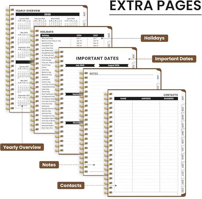 2026 Planner, Weekly and Monthly Calendar Planner, January 2026 - December 2026, Hardcover 2026 Calendar Book with Tabs For Women & Men, Inner Pocket, Spiral Bound, Perfect for Office Home School Supplies - A4 (8.5" x 11"), Mocha Earth