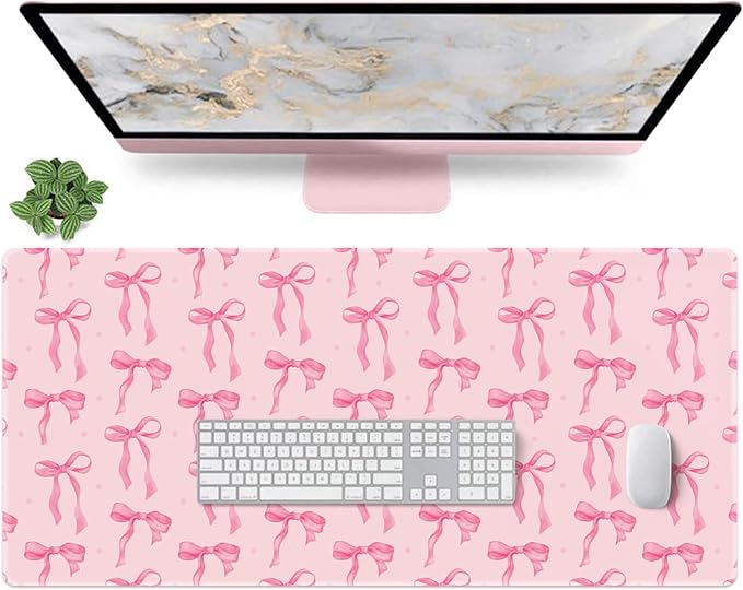 Large Pink Mouse Pad with Bows, 35.4 x 15.7in Full Desk Mat Pink Keyboard Mat Cute Computer Mouse Pad Home Office Supplies Accessories, Non-Slip Rubber Base Extra Large Gaming Mousepad, Girly Décor