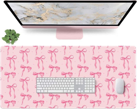 Large Pink Mouse Pad with Bows, 35.4 x 15.7in Full Desk Mat Pink Keyboard Mat Cute Computer Mouse Pad Home Office Supplies Accessories, Non-Slip Rubber Base Extra Large Gaming Mousepad, Girly Décor