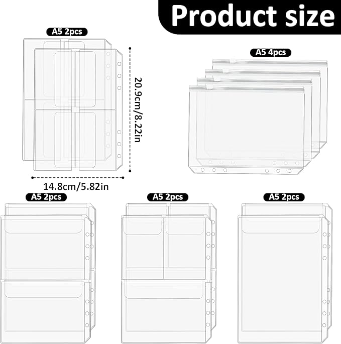 Premium Clear Binder Zipper Folders - 12PCS A5 Size 6 Holes Binder Inserts, Document Filing Bags for 6-Ring Notebook Loose Leaf Bags