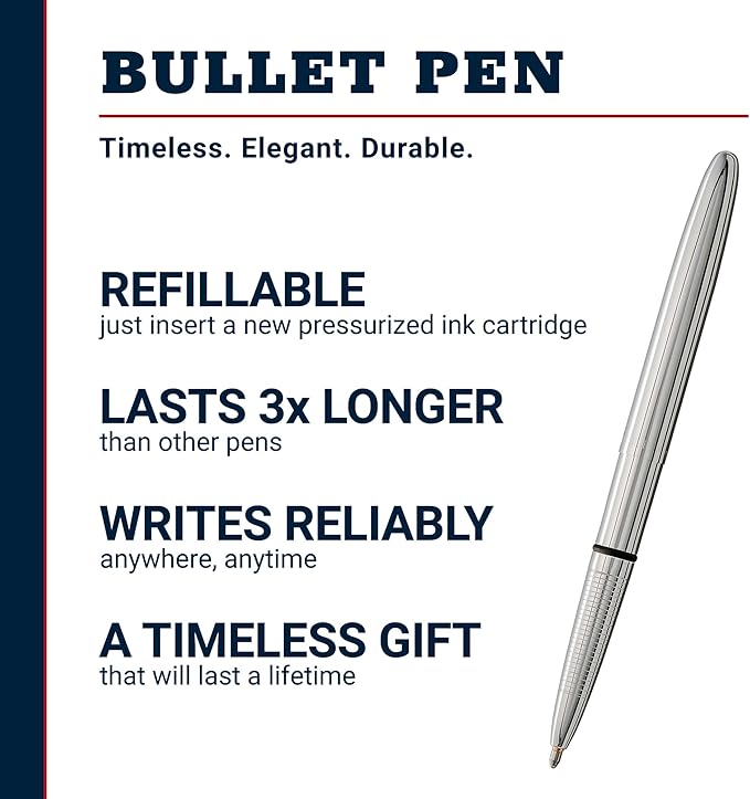Fisher Space Pen Bullet Space Pen, Chrome Pressurized Ballpoint Pen, Compact Pocket Size, Writes Upside Down and in Extreme Temperatures, Smooth Black Ink, Medium Point, Made in the USA