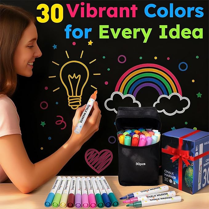 Chalk Markers - 30 Washable Liquid Chalk Markers for Blackboard,Window Markers Paint Pens with Reversible Tip, Chalk Markers for Chalkboard Signs, Teachers, Windows, Glass, Calendar, Menu