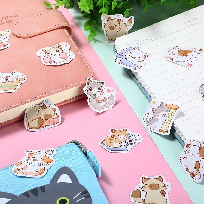Outus Cat Office Supplies Cute Sticky Notes Paper Clips Gel Ink Pens Cartoon Stickers Party Favor for Cat Lovers Office Supplies(Vivid Style)