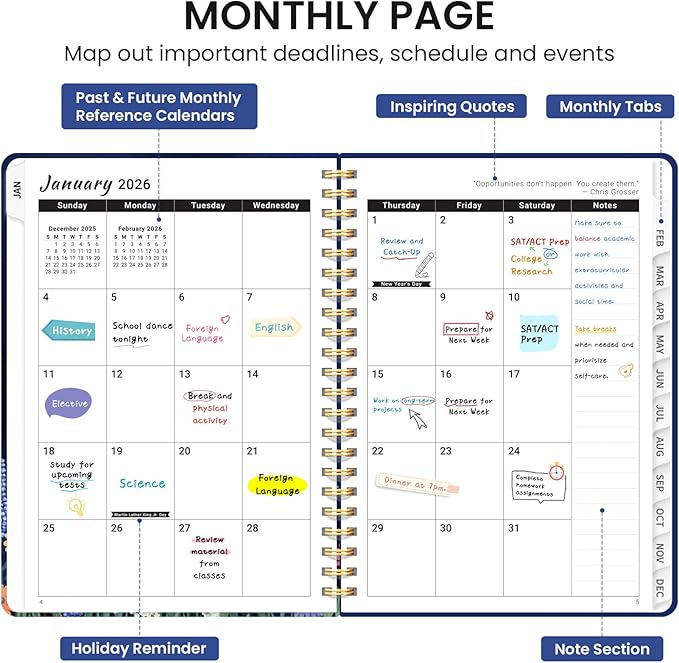 2026 Planner, Weekly and Monthly Calendar Planner for Women, Jan 2026 - Dec 2026, Hardcover Planning Agenda book with Tabs, Spiral Bound, Inner Pocket, Perfect for School Office Supplies, 6.3" x 8.5" - Lavish Bloom