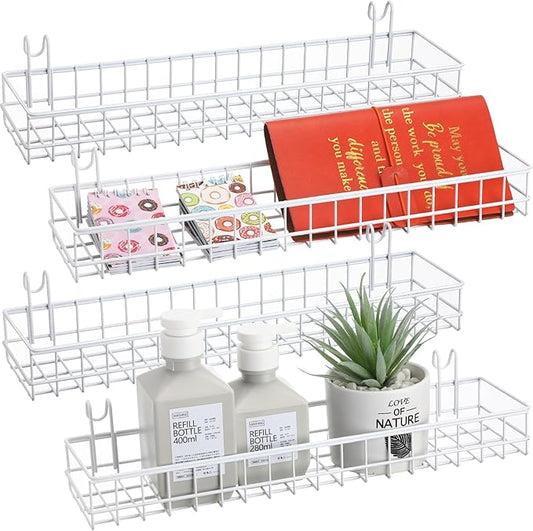 Blulu 4 Pcs 15.75 x 3.94 x 1.97 Inch Metal Grid Wall Baskets with Hooks Grid Wall Shelves Hanging Wire Basket Multi Function Storage Organizer for Kitchen Organizing Display (White)