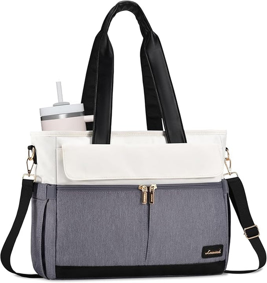 LOVEVOOK Upgrade Version Work Bags for Women 15.6 Inch Laptop Bag Large Capacity Mutiple Pockets Teacher Bag Water Resistant Canvas Tote Bag Purse for Office Travel College Nurse Teacher, Gray Beige