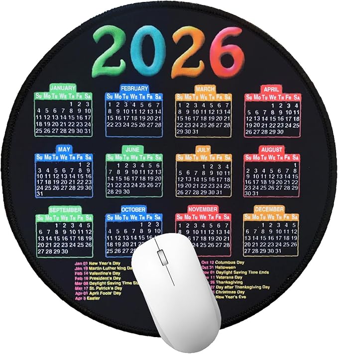 Mouse Pad with Stitched Edge, Black Mousepad, 2026 Calendar Pad, Computer Mouse Mat with Non-Slip Rubber Base (Round)