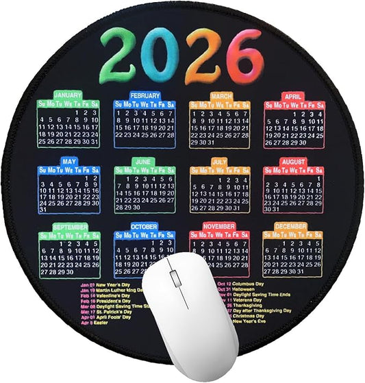 Mouse Pad with Stitched Edge, Black Mousepad, 2026 Calendar Pad, Computer Mouse Mat with Non-Slip Rubber Base (Round)