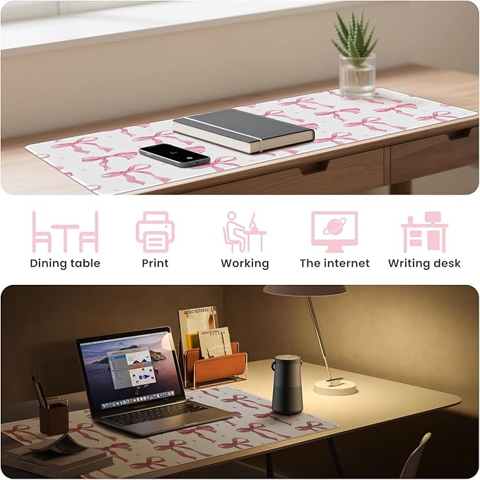 Pink and White Mouse Pad, Desk Mat Pink Bow Keyboard Mat Cute Office Accessories Computer Mat, Non-Slip Rubber Base Large Mousepad Laptop Pad, Girly Desktop Mat Office Décor 23.6 x 11.8in