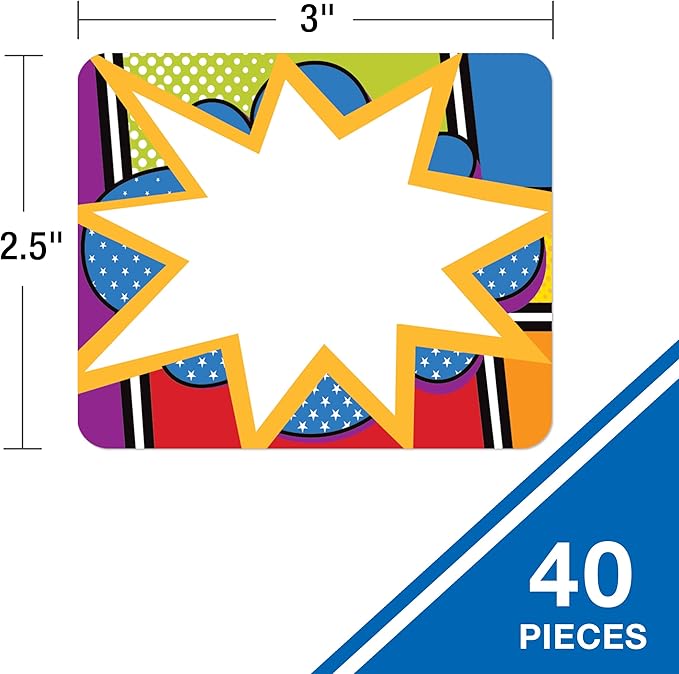 Carson Dellosa Super Power 40PC Name Tags, Superhero Comic Book Nametags, Daycare Labels, Locker Organization, Hello My Name is Stickers, Back to School Decor, Classroom Essentials, Teacher Supplies