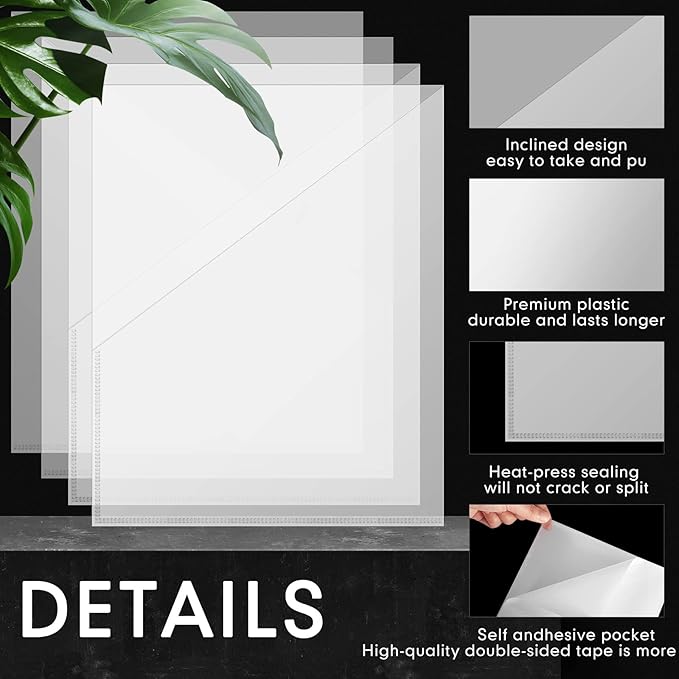Chinco 4 Packs Planner Sticky Pockets - Clear Adhesive Pockets for Planners, Home, Office, and School Accessories(8 x 6.5 Inch)