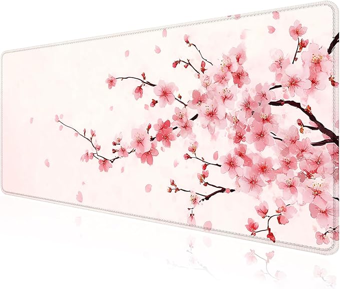 Pink Cherry Blossom Japanese Large Mouse Pad, Desk Mat Computer Keyboard Pad Non-Slip Rubber Base Waterproof with Stitched Edges for Laptop Gaming, Office & Home 31.5 x 11.8 Inch