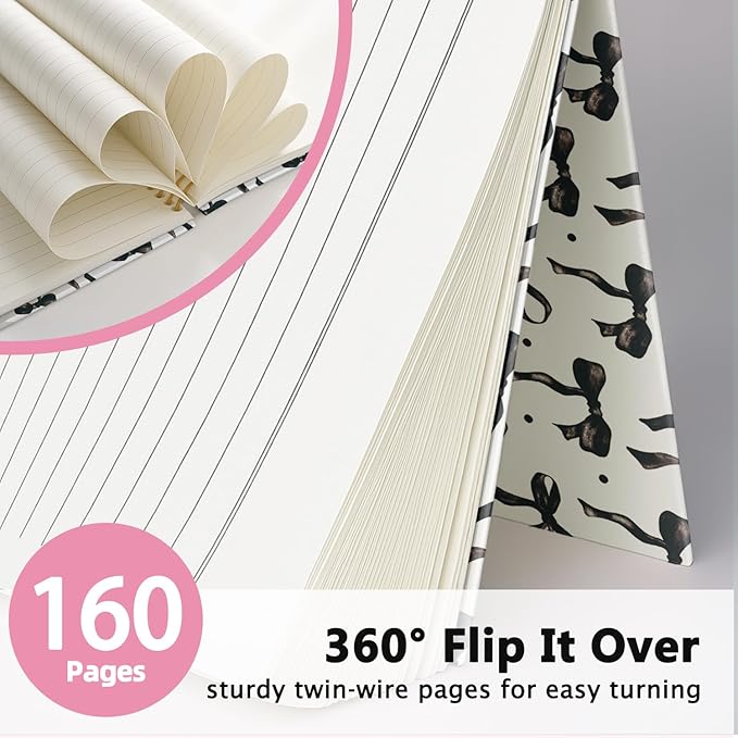 LIANGW Coquette Black Bow Notebook Journal for Teen Girls & Women, Preppy Cute Journal Gifts for Women, Girly Gifts, Black Bow Office Supplies, Hardcover Spiral Notebook, 5.5x8.3 Inch