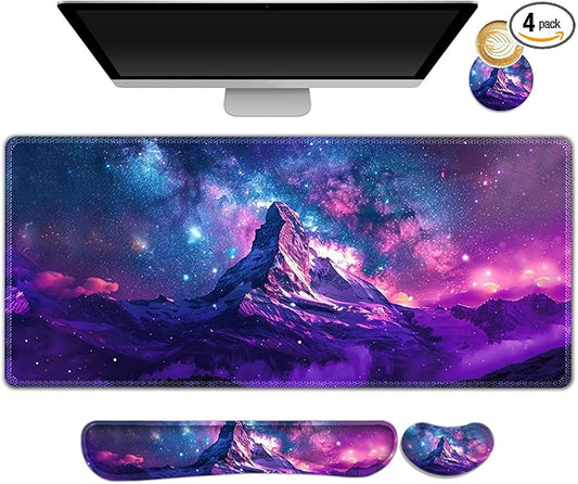 Large Gaming Mouse Pad Set, Purple 4 in1 Ergonomics Keyboard Desk Mat with Memory Foam Wrist Rest, Extended Game Mousepad, Non-Slip Desk Pad Matt Easy Typing Pain Relief I Galaxy Mountain