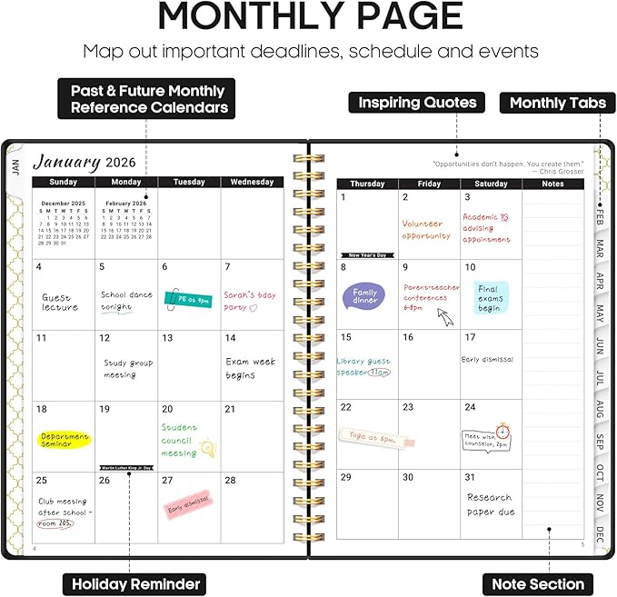 2026 Planner, Weekly and Monthly Calendar Planner, January 2026 - December 2026, Hardcover 2026 Calendar Book with Tabs For Women & Men, Inner Pocket, Spiral Bound, Perfect for Office Home School Supplies - A4 (8.5" x 11"), Black