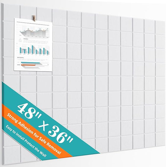 Cork Board for Walls 48" x 36", Bulletin Board for Office Decor, 12 Pack Felt Wall Tiles with Safe Removable Adhesive, Pin Tack Corkboard for Quilting Design & Dart Wall Protector - White
