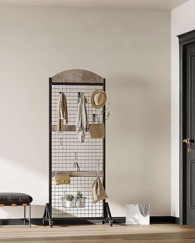 Grid Wall Panel 5.7’ x 2’ FT Grid Display Rack, Movable Gridwall Display Stand with Wheels, Floorstanding Wire Grid Rack with 4 S-Shaped Hooks and 4 Garment Hooks, Greige and Black TCJ17BG
