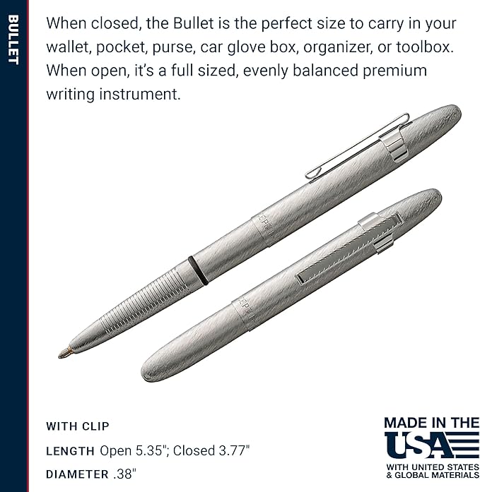 Fisher Space Pen Bullet Space Pen, Brushed Chrome Pressurized Ballpoint Pen, Compact Size, Writes Upside Down, Extreme Temperatures, Smooth Black Ink, Medium Point, Pocket Clip, Gift Box, Made in USA