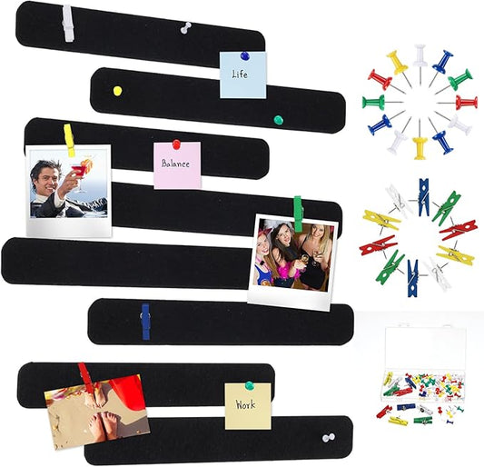 8 Pcs Felt Pin Board Bar Strips Bulletin Board 50 Pushpins and 10 Wooden Clip Pins Self Adhesive Cork Boards for Offices Home Wall Display Photos, Paste Notes, Schedules(Black)