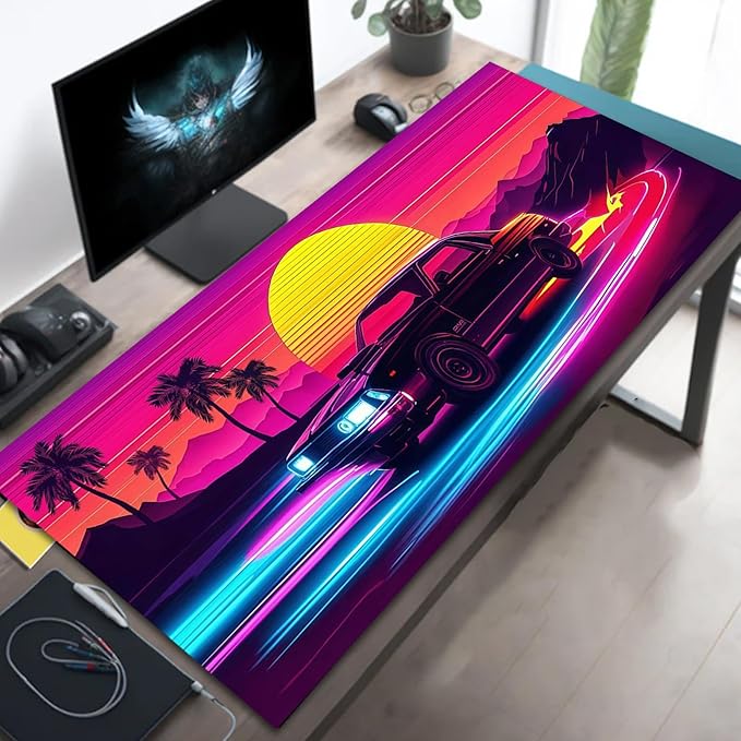 Manicer Retro Sunset Car Mouse Pad – Blacklight Gaming Desk Mat, UV Reactive Neon Glow in The Dark Mousepad, Extended 31.5” x 11.8” Non-Slip Rubber Base, Waterproof Cool Desk Pad for Office & Home