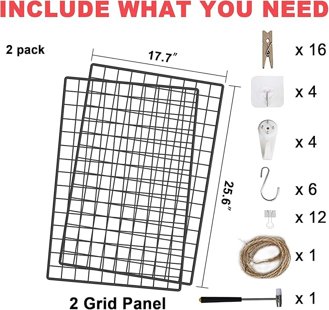 C&AHOME Photo Wall Display Set of 2, Grid Panel with Hooks, Clips, Hemp Cord, Hammer - 17.7" x 25.6", Black UWWGM4565B