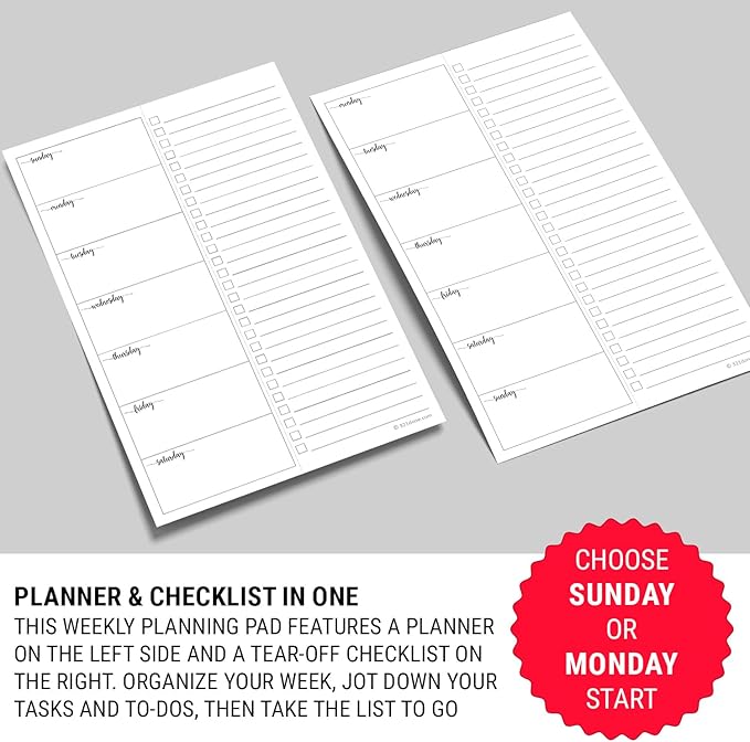 321Done Weekly Plan with Checklist Notepad – 50 Sheets (5.5x8.5) Small – Made in USA - Two Column, Minimalist To-Do Planning Memo Pad, Simple Planner Schedule Inserts Monday Start