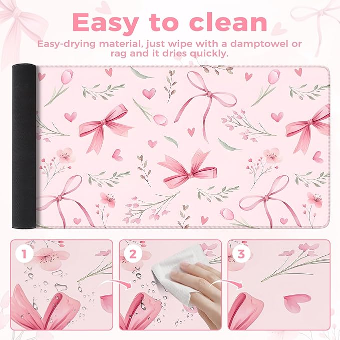 iCasso Pink Desk Mat,Cute Desk Pad for Women,Girly Bow Mousepad with Stitched Edges,Non-Slip Large Computer Mat for Study Gaming Home Office